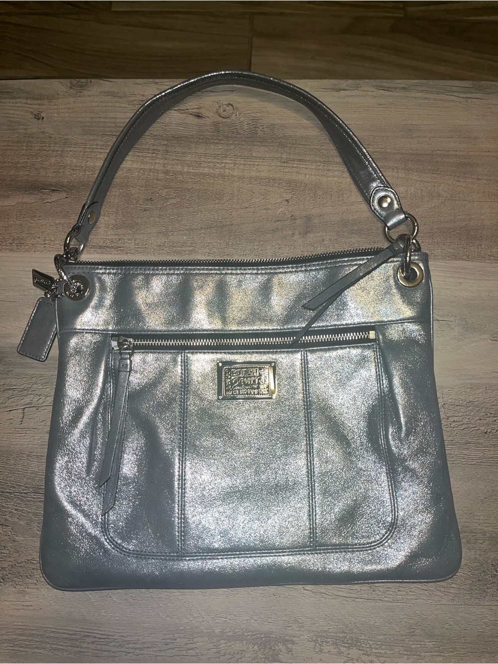 Coach Poppy Metallic Silver Leather Shoulder Bag